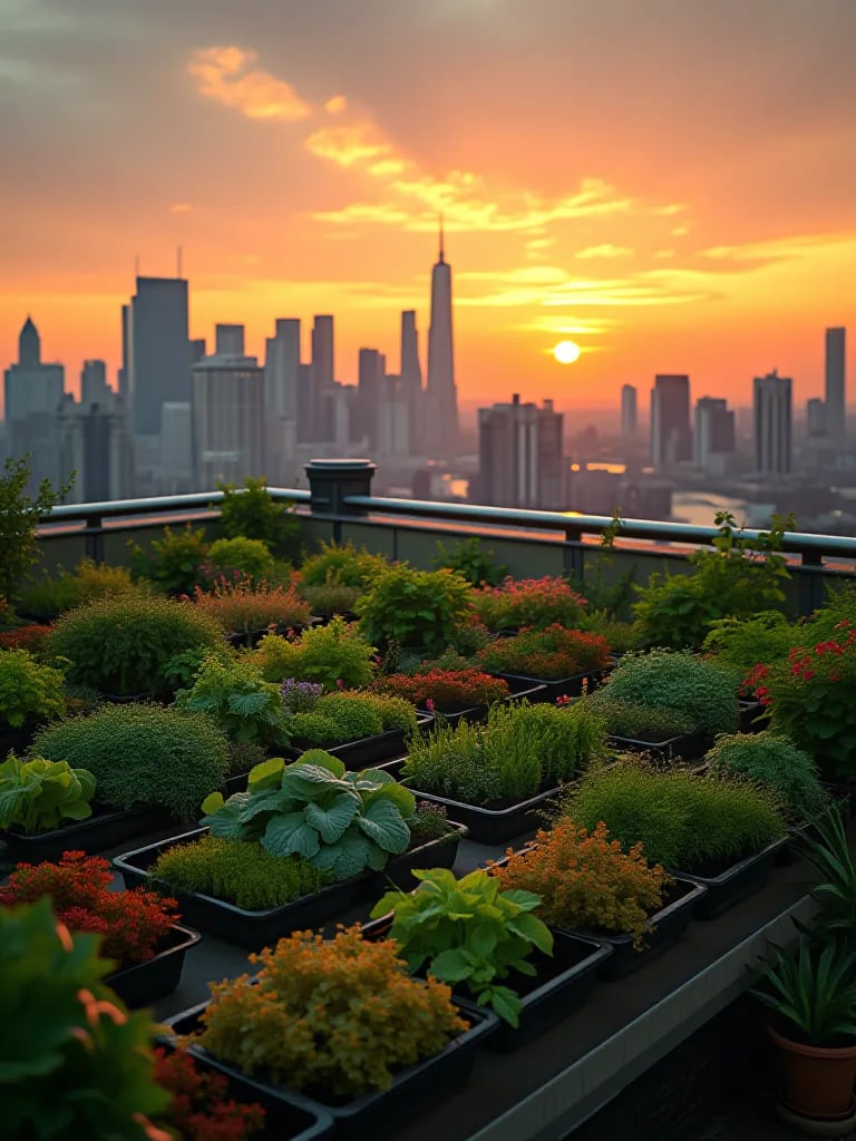 Rooftop container garden with vegetables at sunset, city skyline in background