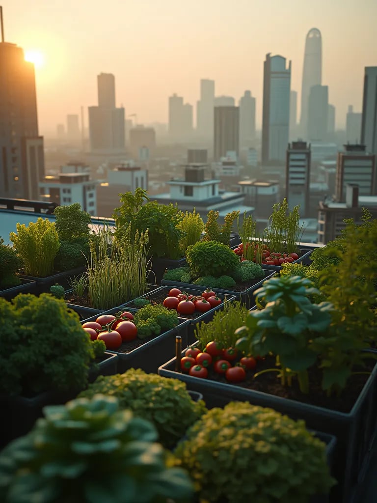 Rooftop container garden with vegetables ready for harvest at dawn
