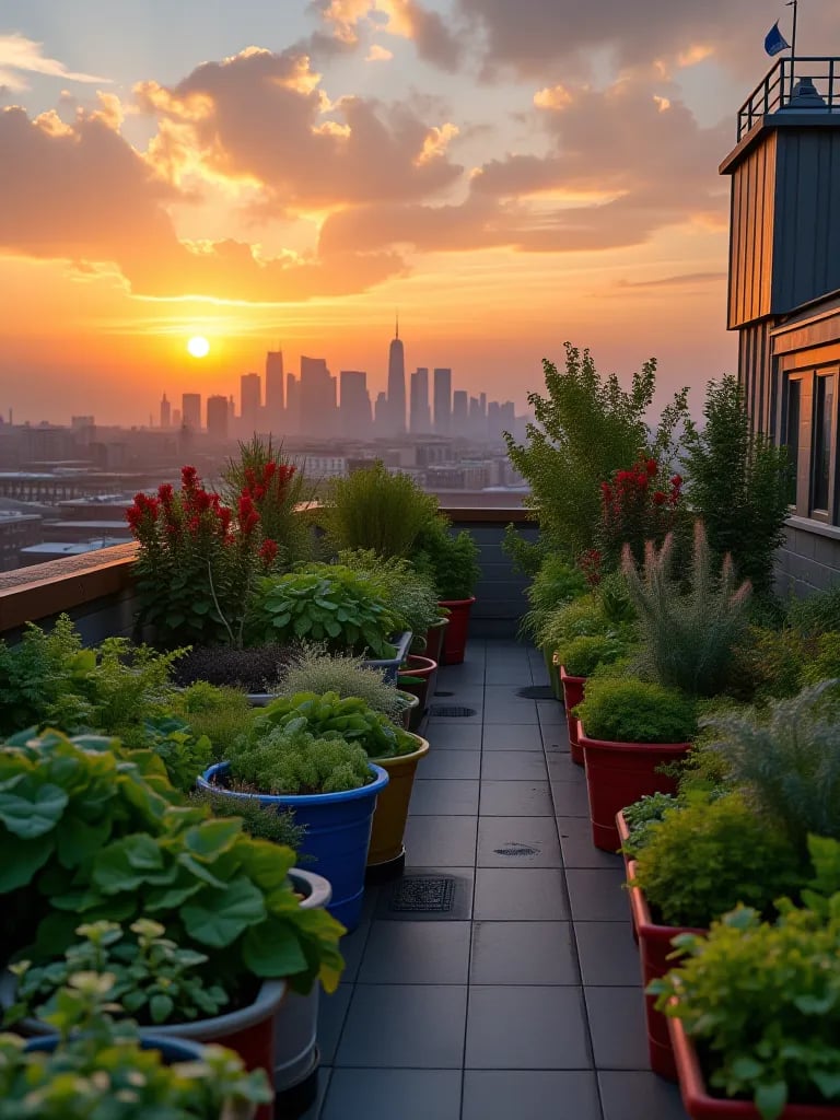 Rooftop container vegetable garden with city skyline at sunset