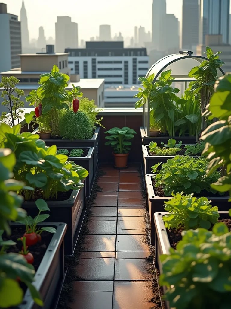 Rooftop garden with raised beds, vertical systems, and greenhouse full of vegetables