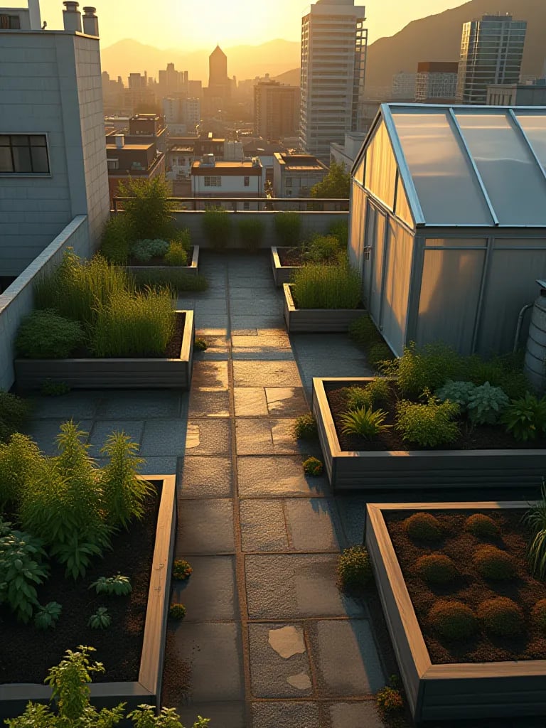 Rooftop garden with vegetable containers, rain barrel, and greenhouse at dawn