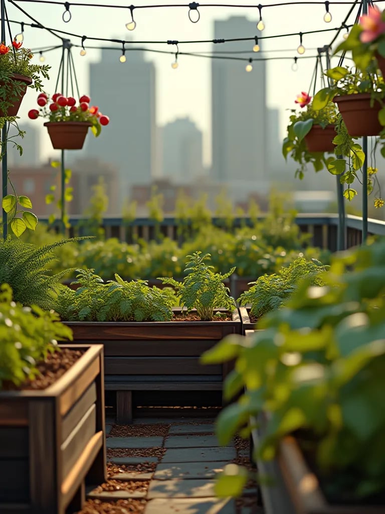 Rooftop vegetable garden with city skyline in background