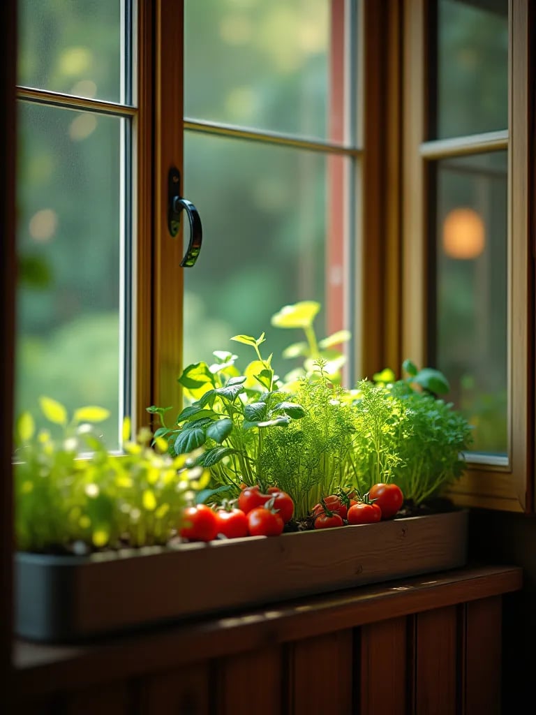 Row of window boxes bursting with compact vegetables and trailing herbs