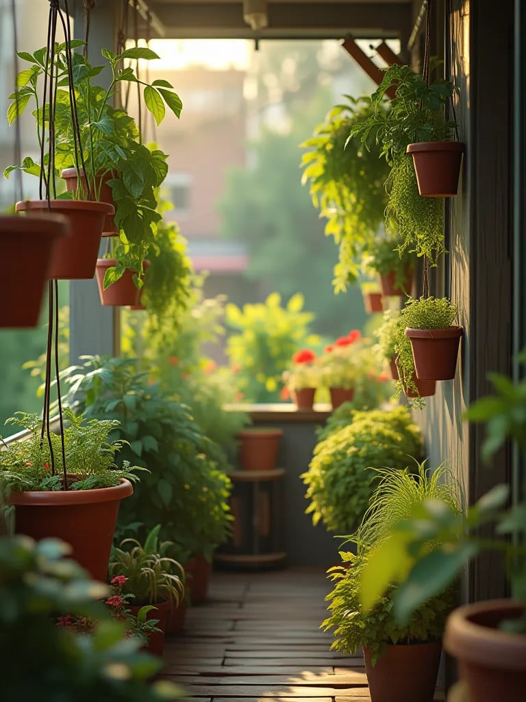 Rustic balcony with hanging tomatoes and vertical herb planters in morning light