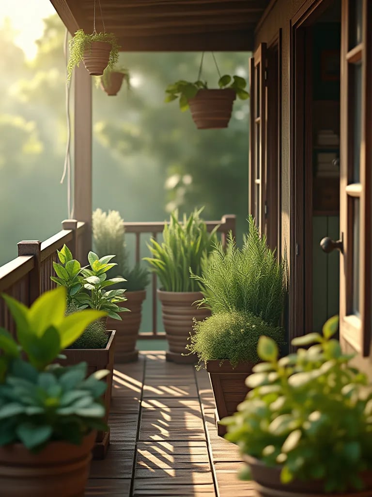 Rustic balcony with wooden planters full of thriving vegetable plants in morning light