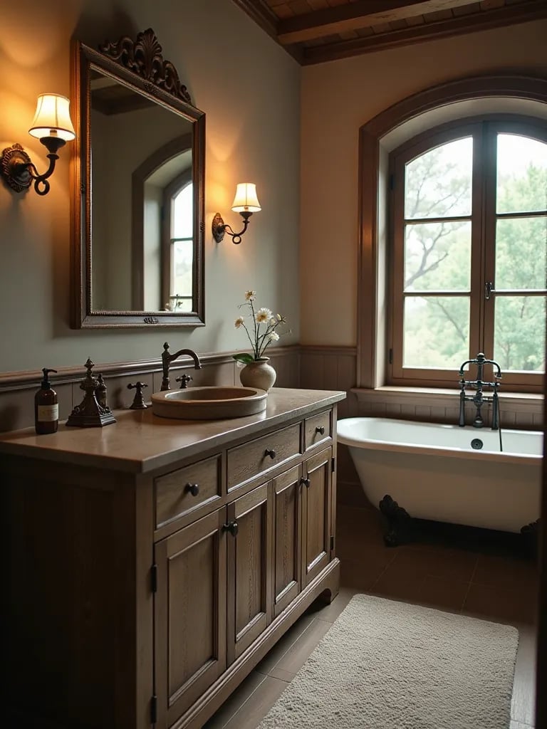 Rustic bathroom vanity with iron sconces and clawfoot tub