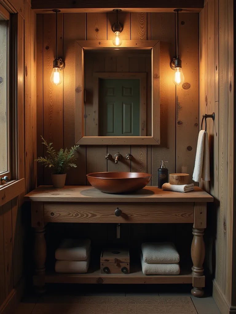 Rustic bathroom with reclaimed wood vanity and copper sink