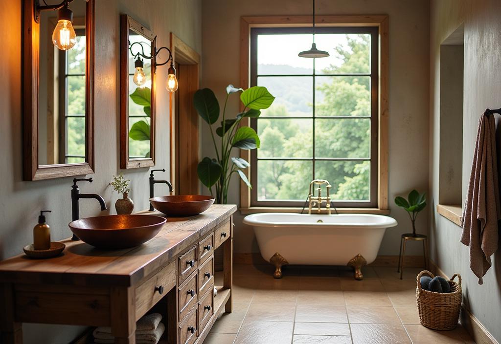 Rustic bathroom with wooden double vanity, copper sinks, and vintage lighting