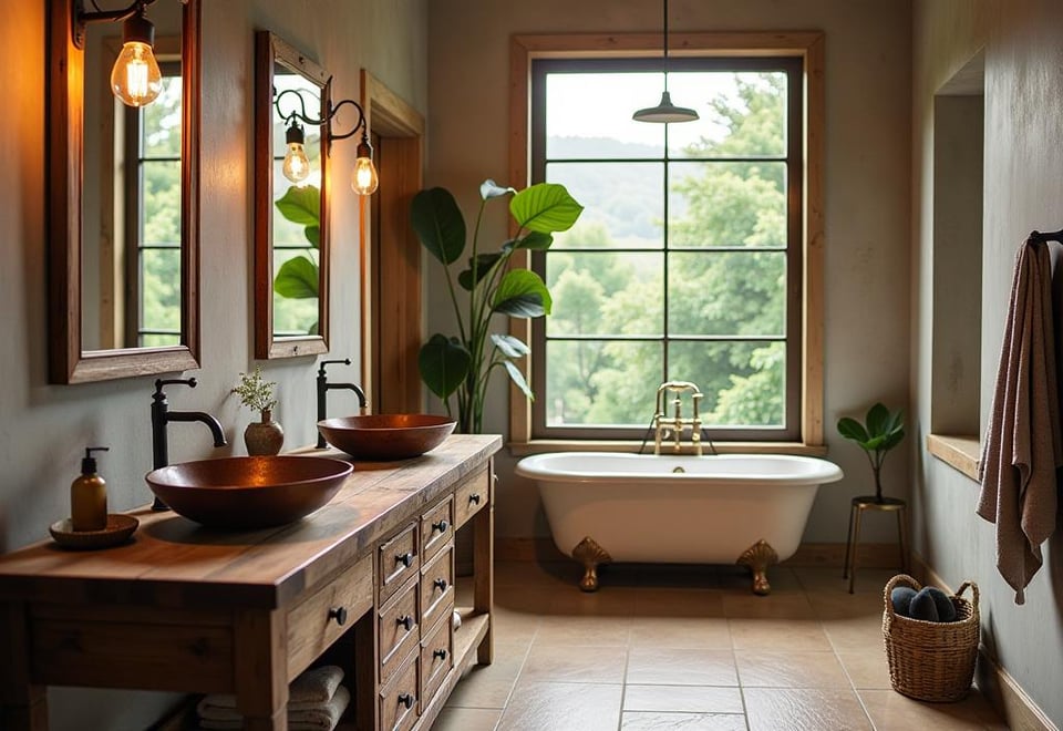 Rustic bathroom with wooden double vanity, copper sinks, and vintage lighting