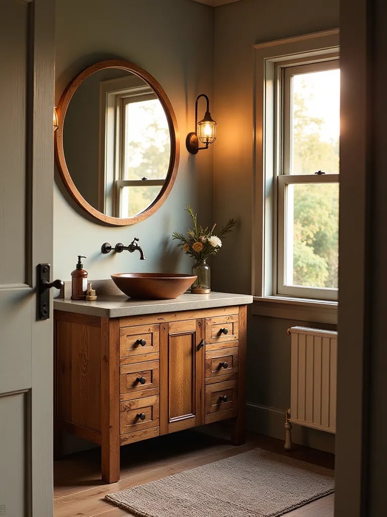 Rustic bathroom with wooden vanity, copper sink, and round mirror in golden light