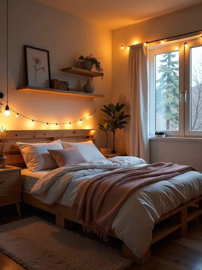 Rustic bedroom with DIY pallet bed and ambient lighting