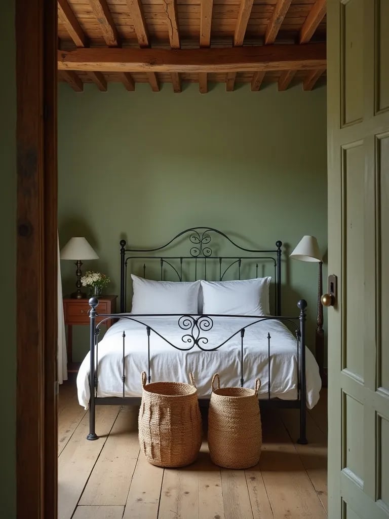 Rustic bedroom with muted green walls and wooden beams