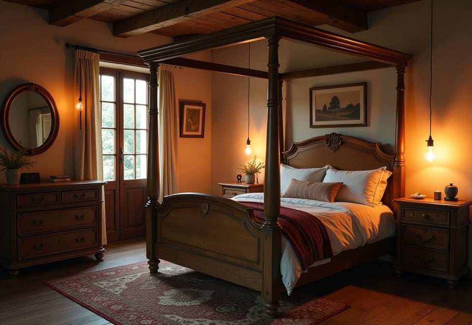 Rustic bedroom with wooden four poster bed and vintage accents