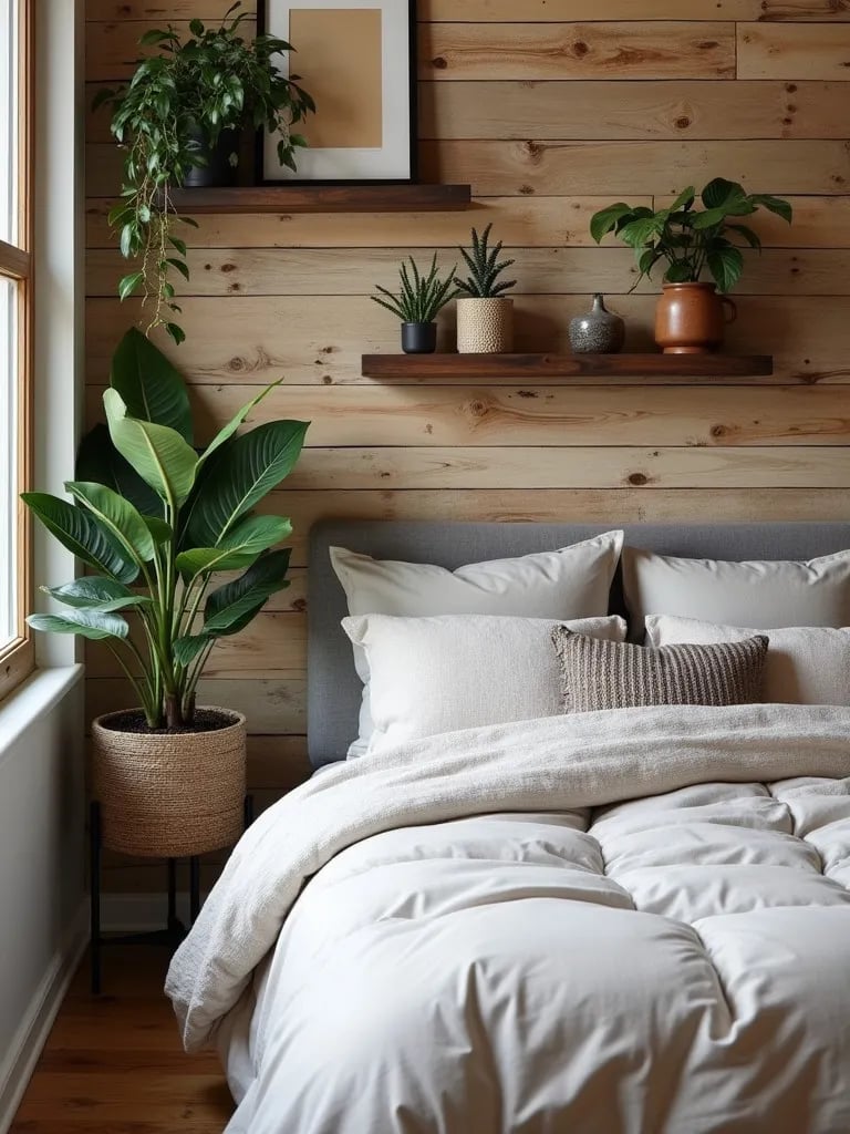 Rustic chic bedroom featuring wood plank wall with shelves and decor