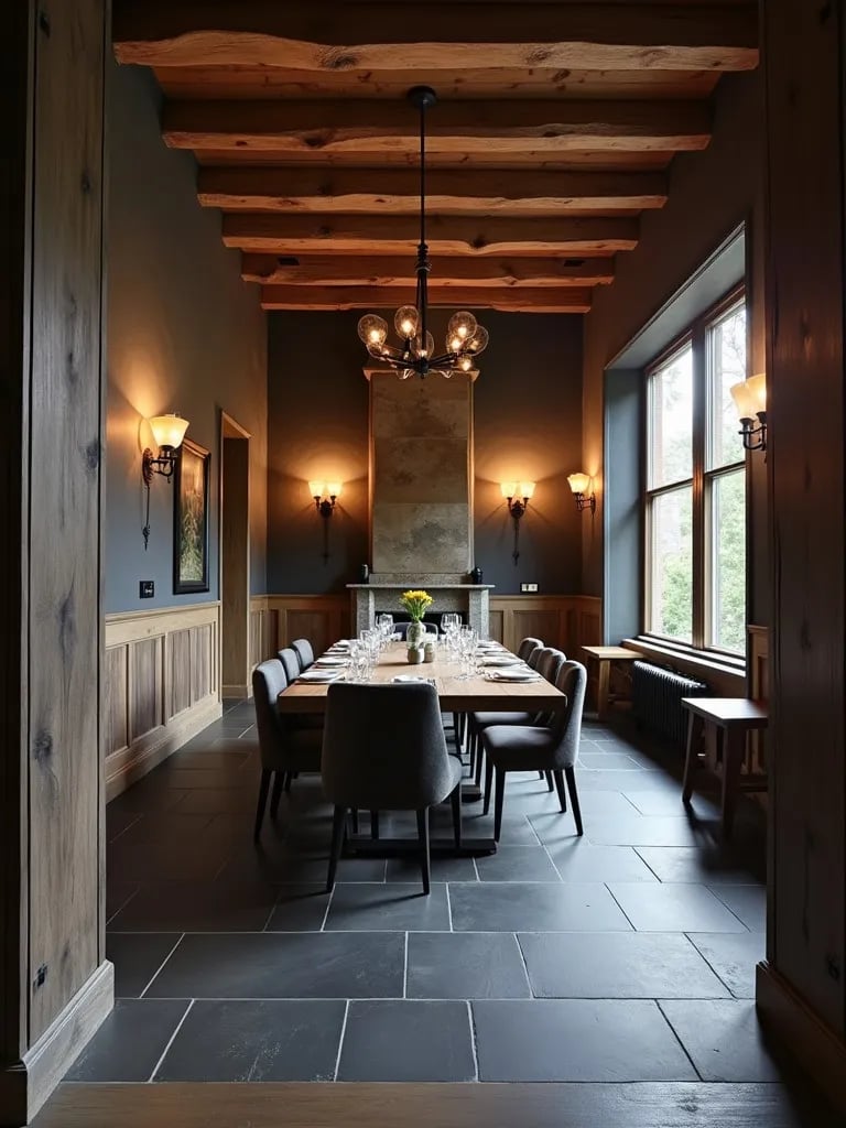 Rustic chic dining room with charcoal ceramic tile floor and exposed wooden beams