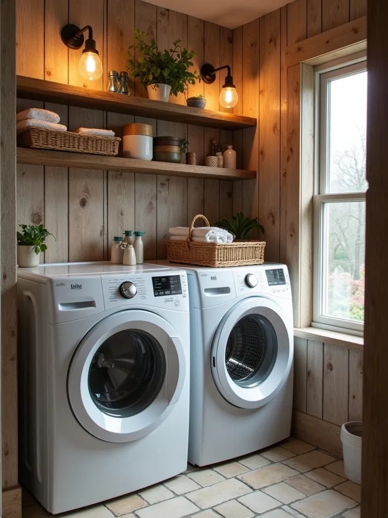 Rustic chic laundry room with wood look wallpaper and vintage inspired fixtures