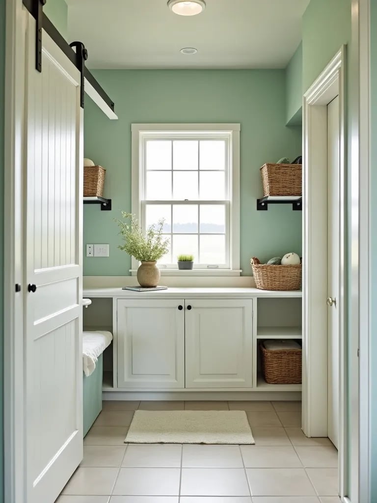Rustic chic sage green laundry room with farmhouse elements and wicker baskets