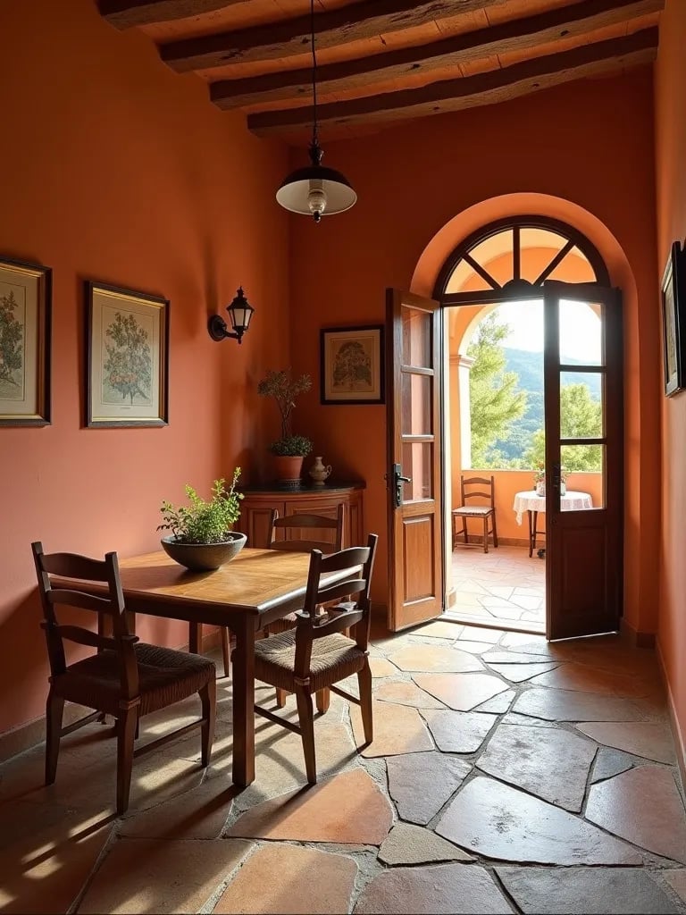 Rustic dining area featuring mixed pattern stone floor and terracotta walls