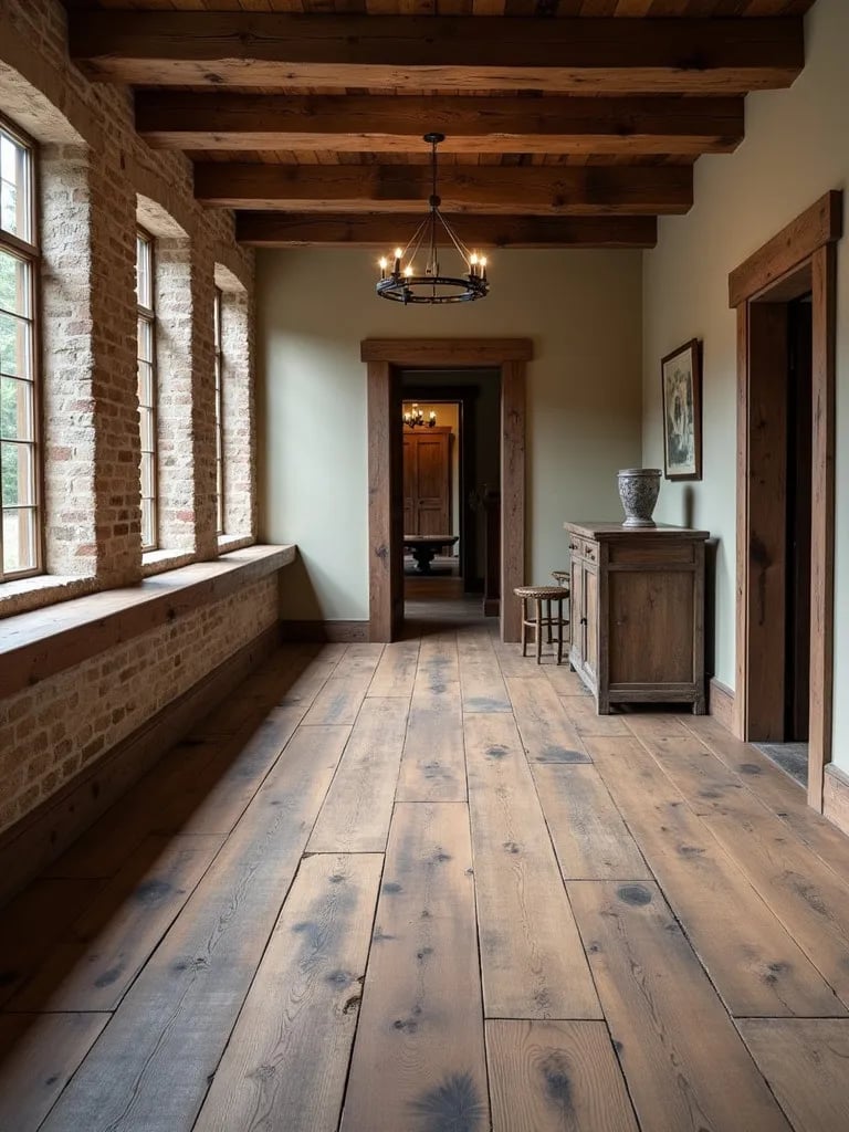 Rustic dining room with textured reclaimed wood flooring and exposed beams