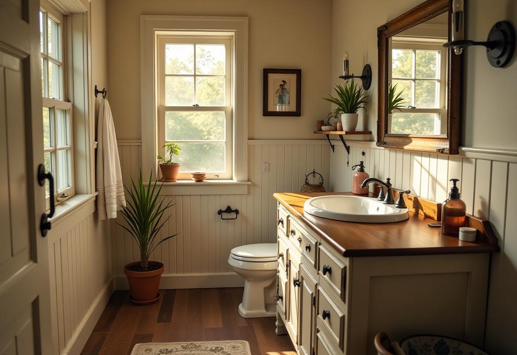 Rustic farmhouse bathroom with antique dresser vanity