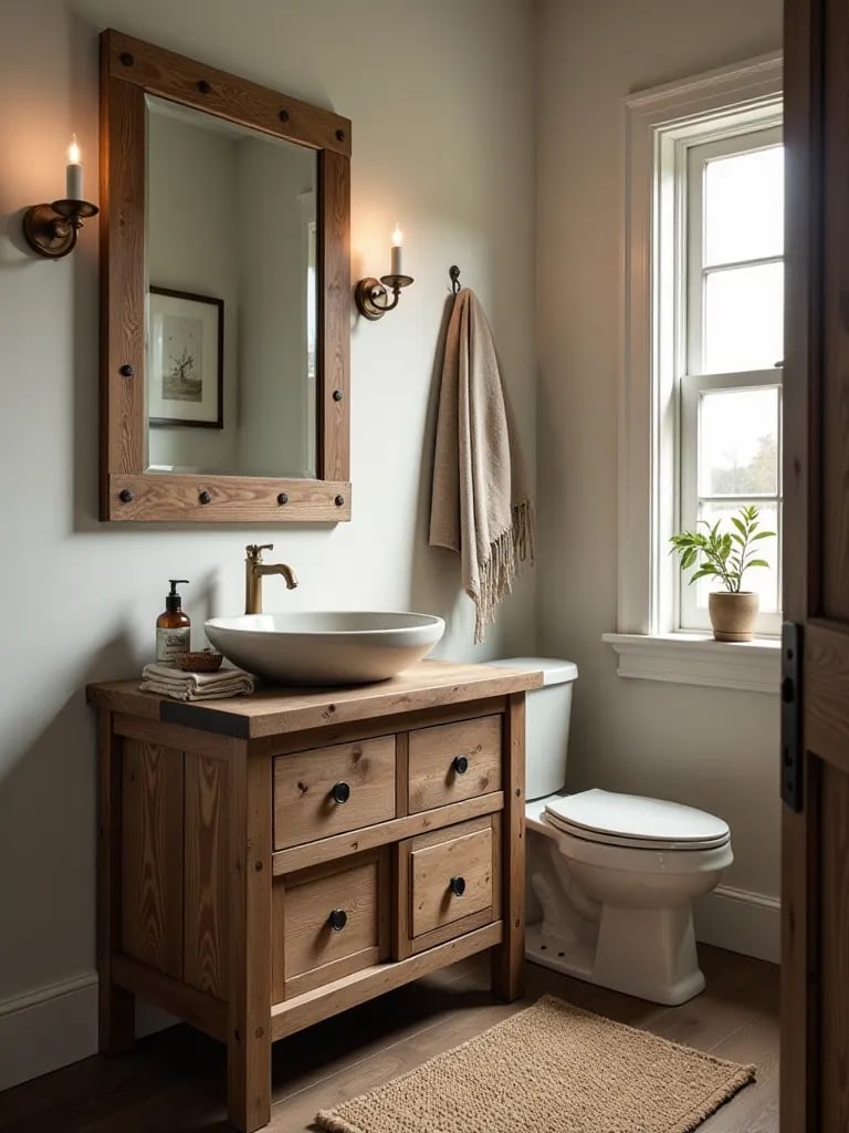 Rustic farmhouse bathroom with reclaimed wood vanity and vessel sink