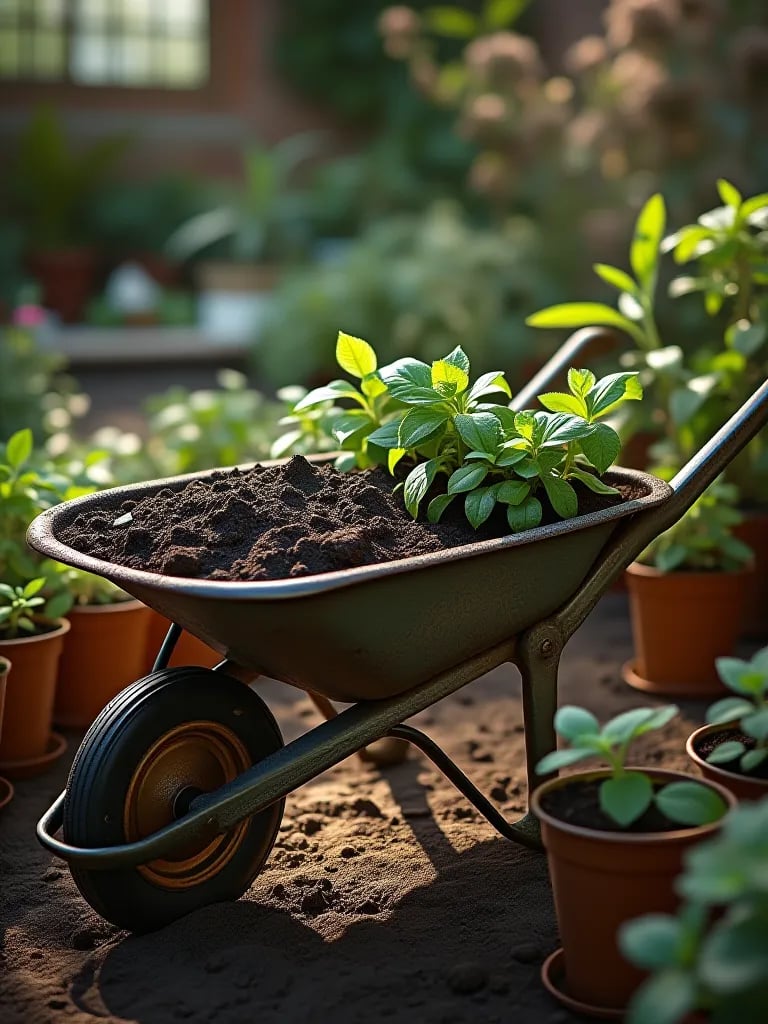 Rustic garden scene with soil filled wheelbarrow, containers, and vegetable seedlings