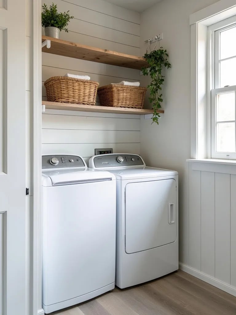 Rustic laundry room featuring gray shiplap wallpaper, open shelving, and woven baskets