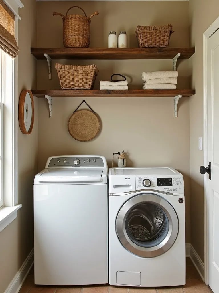 Rustic laundry room with beige walls and reclaimed wood shelving