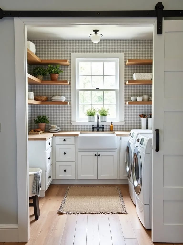 Rustic laundry room with gray gingham wallpaper and farmhouse sink