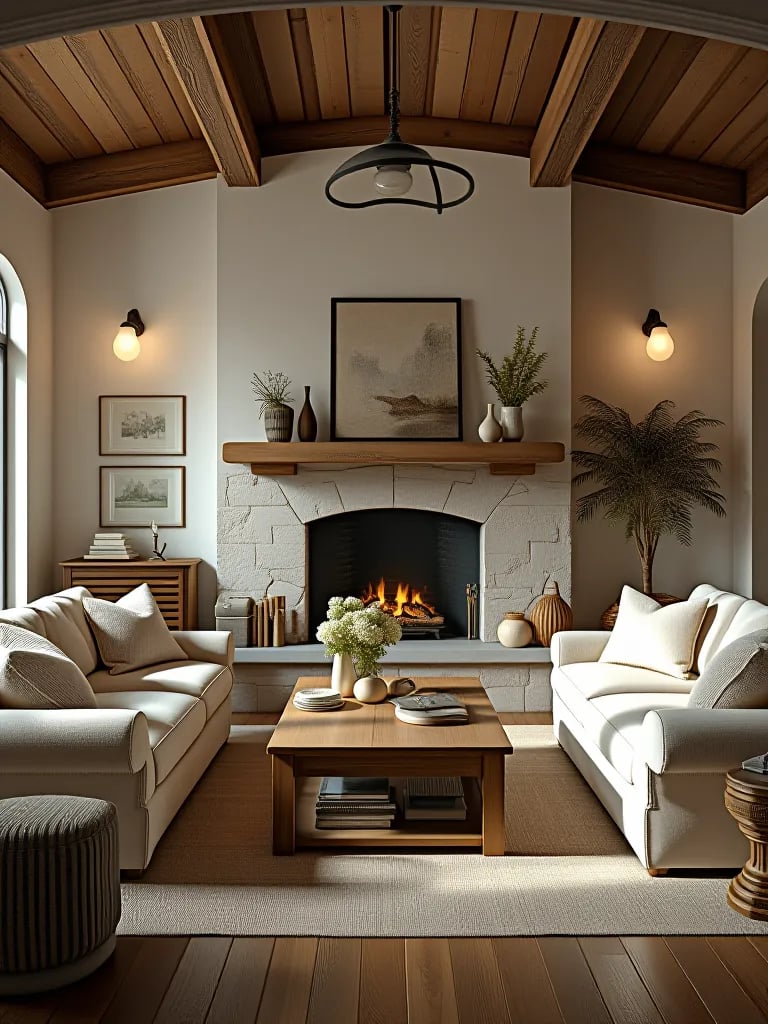Rustic living room with shiplap wallpaper, wood beams, and stone fireplace