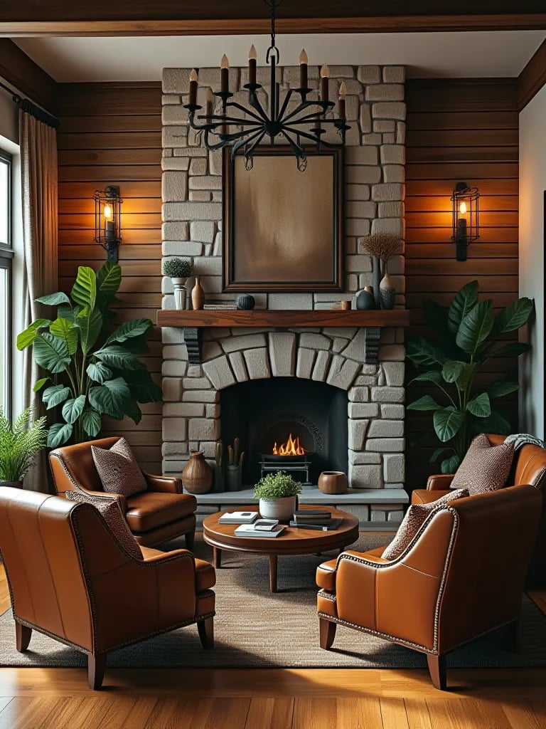 Rustic living room with wood plank wallpaper and stone fireplace