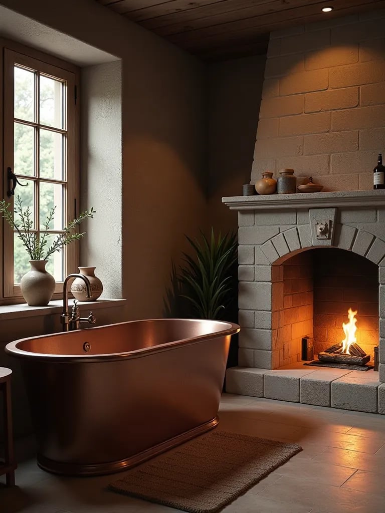 Rustic luxury bathroom with copper tub and stone fireplace