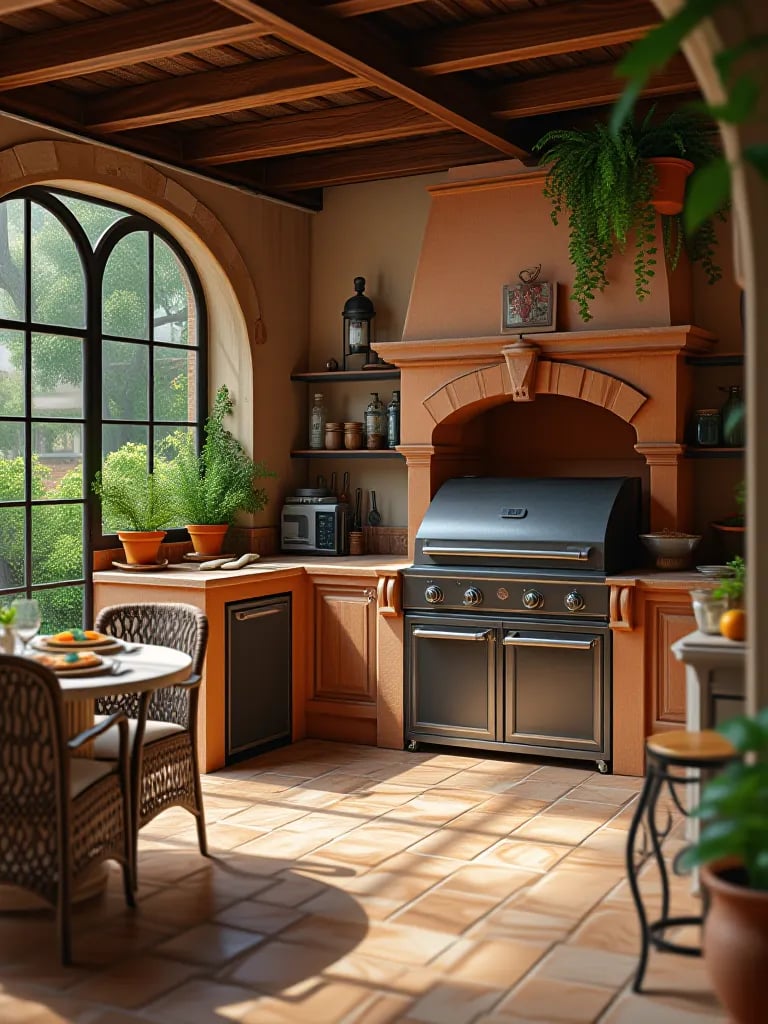 Rustic outdoor kitchen with pizza oven and herb garden in Mediterranean style