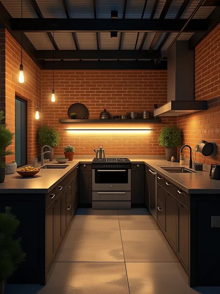 Rustic outdoor kitchen with vintage inspired lighting at dusk