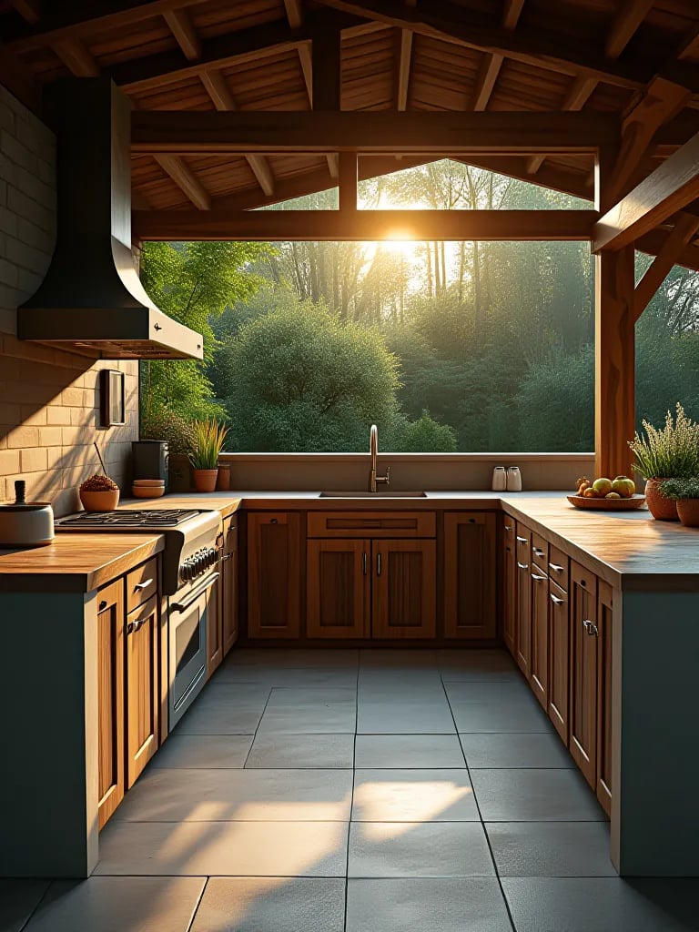 Rustic outdoor kitchen with wood cabinets, concrete counters, and pizza oven