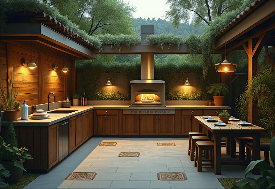 Rustic outdoor kitchen with wood cabinets, concrete countertops, and pizza oven