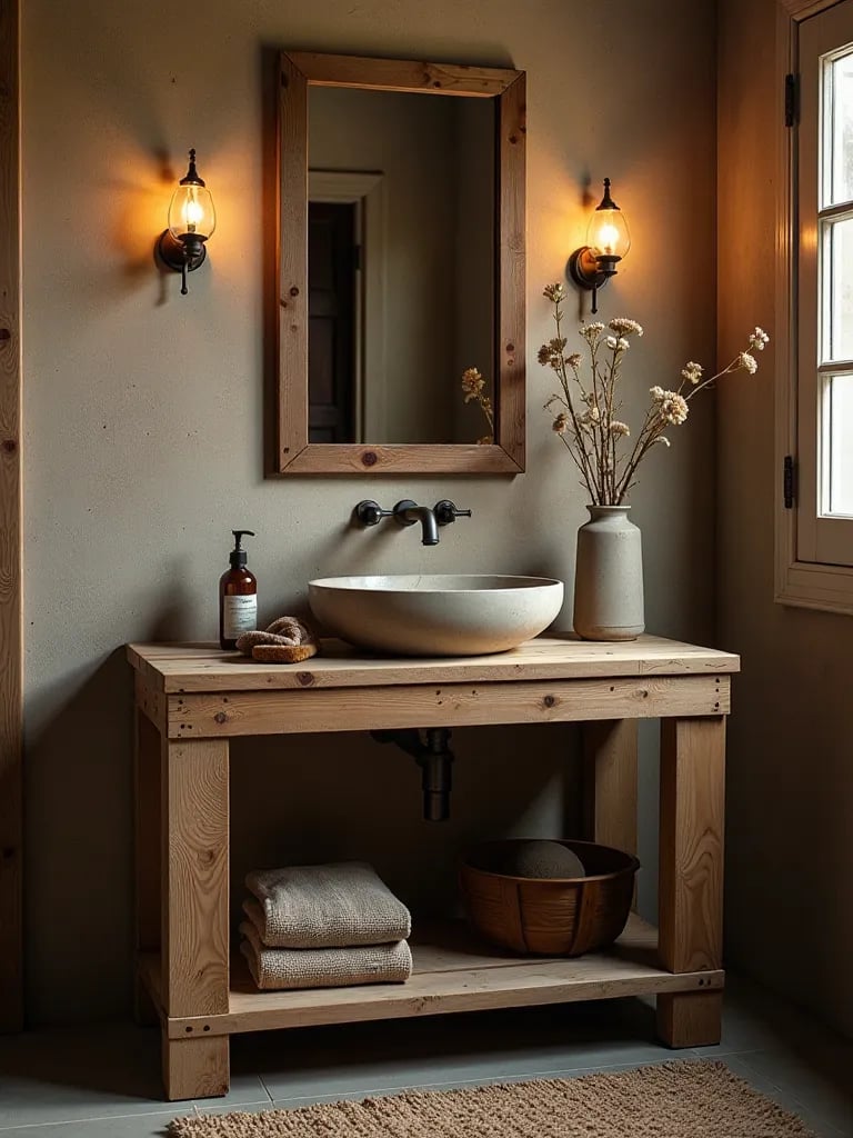 Rustic pallet wood vanity with vessel sink and industrial faucet