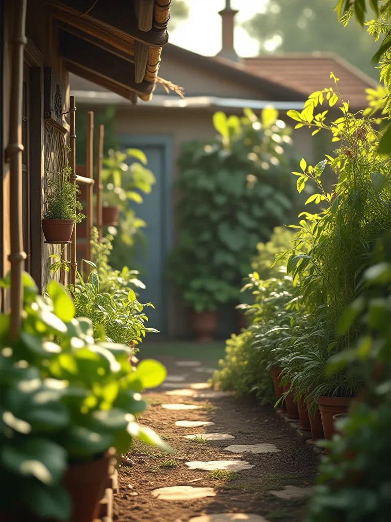 Rustic patio garden with vegetables growing on wooden supports