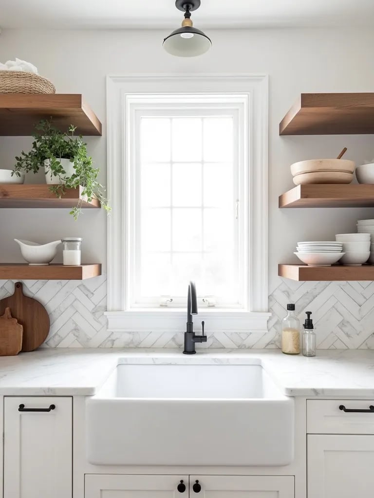 Rustic white kitchen with herringbone marble backsplash and farmhouse sink