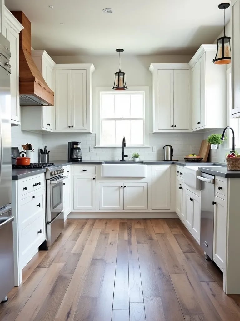 Rustic white kitchen with shaker cabinets and textured wood plank flooring