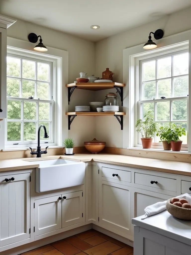 Rustic white kitchen with shaker cabinets, open shelving, and garden window