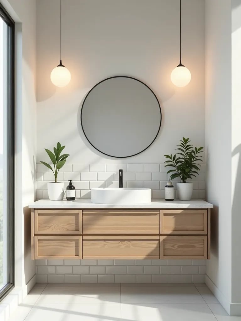 Scandinavian bathroom vanity with globe pendants and light wood