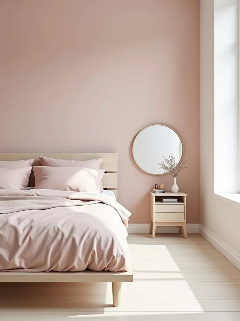 Scandinavian bedroom with pale blush walls and minimalist decor