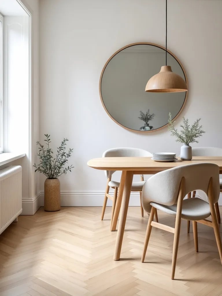 Scandinavian dining room with new chevron pattern light oak flooring