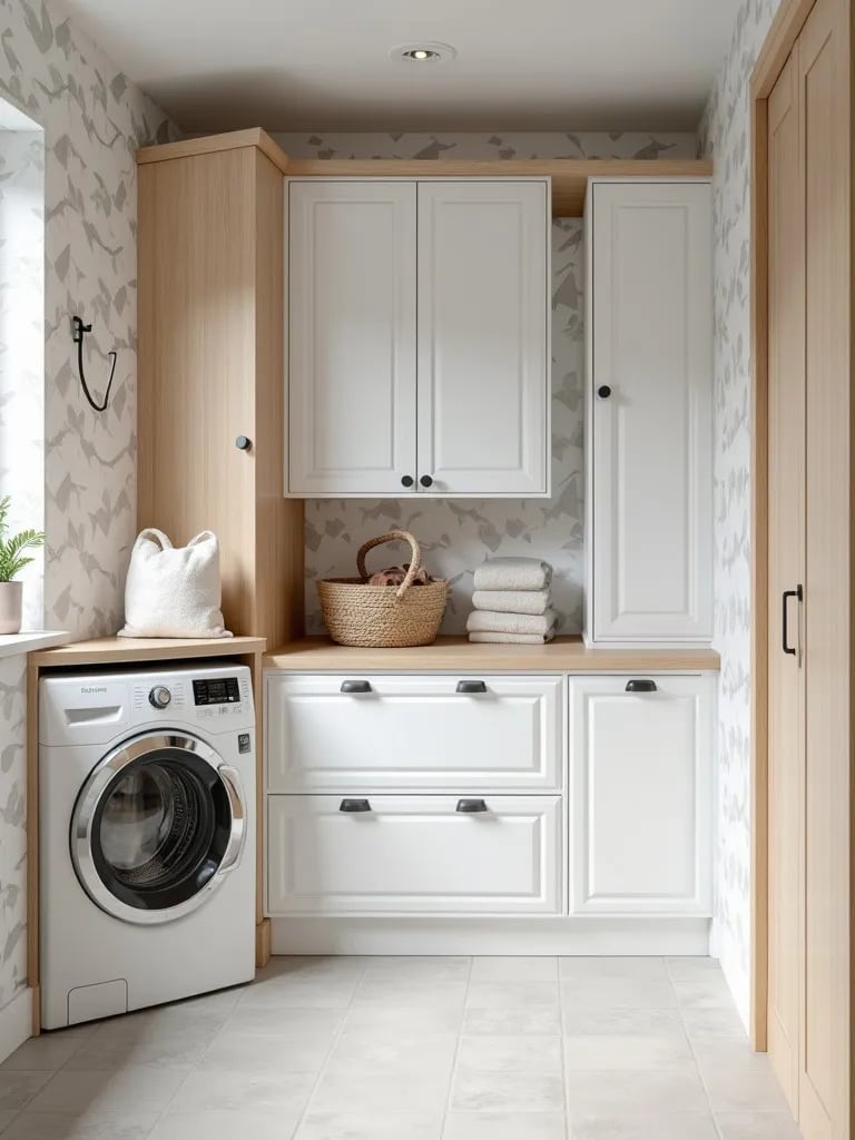Scandinavian laundry room with geometric wallpaper, light wood accents, and airy design