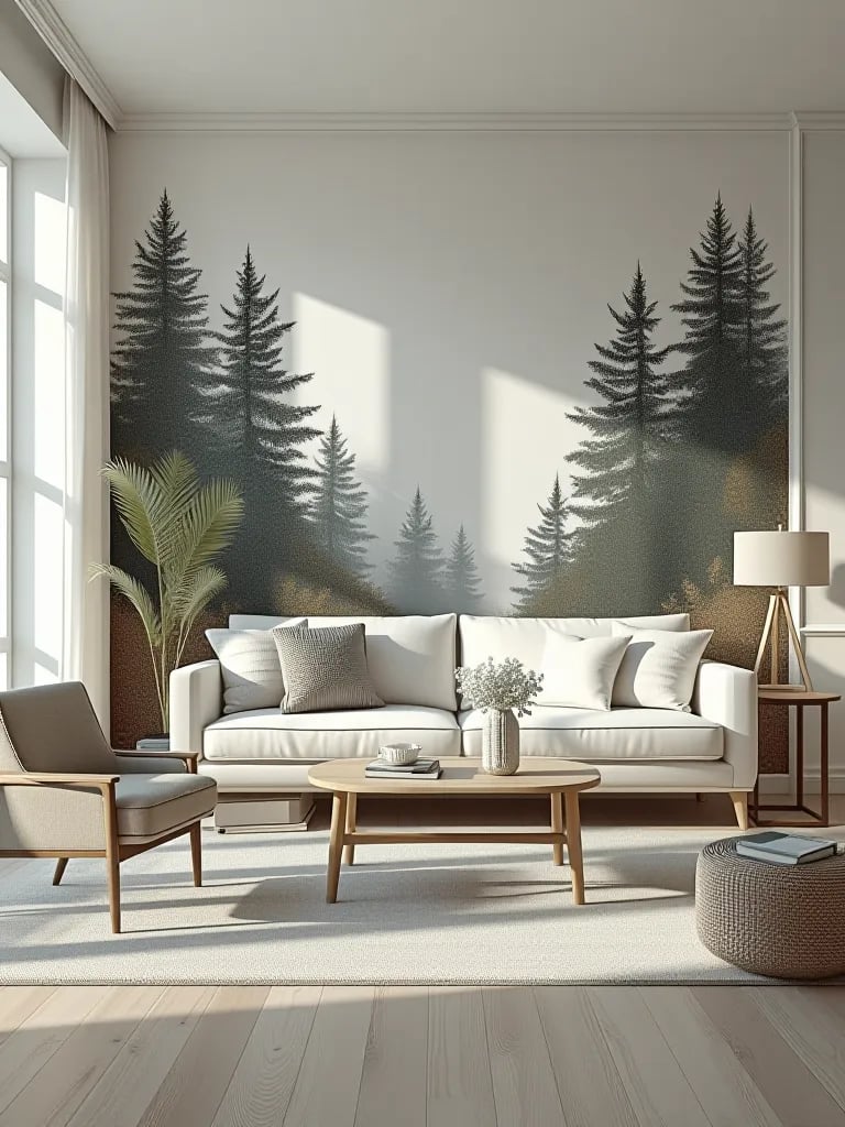 Scandinavian living room with forest wallpaper, white furniture, and natural light