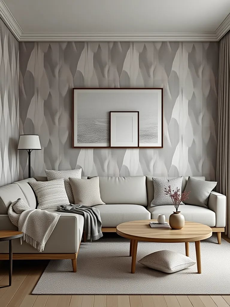 Scandinavian living room with subtle geometric wallpaper and light wood furniture