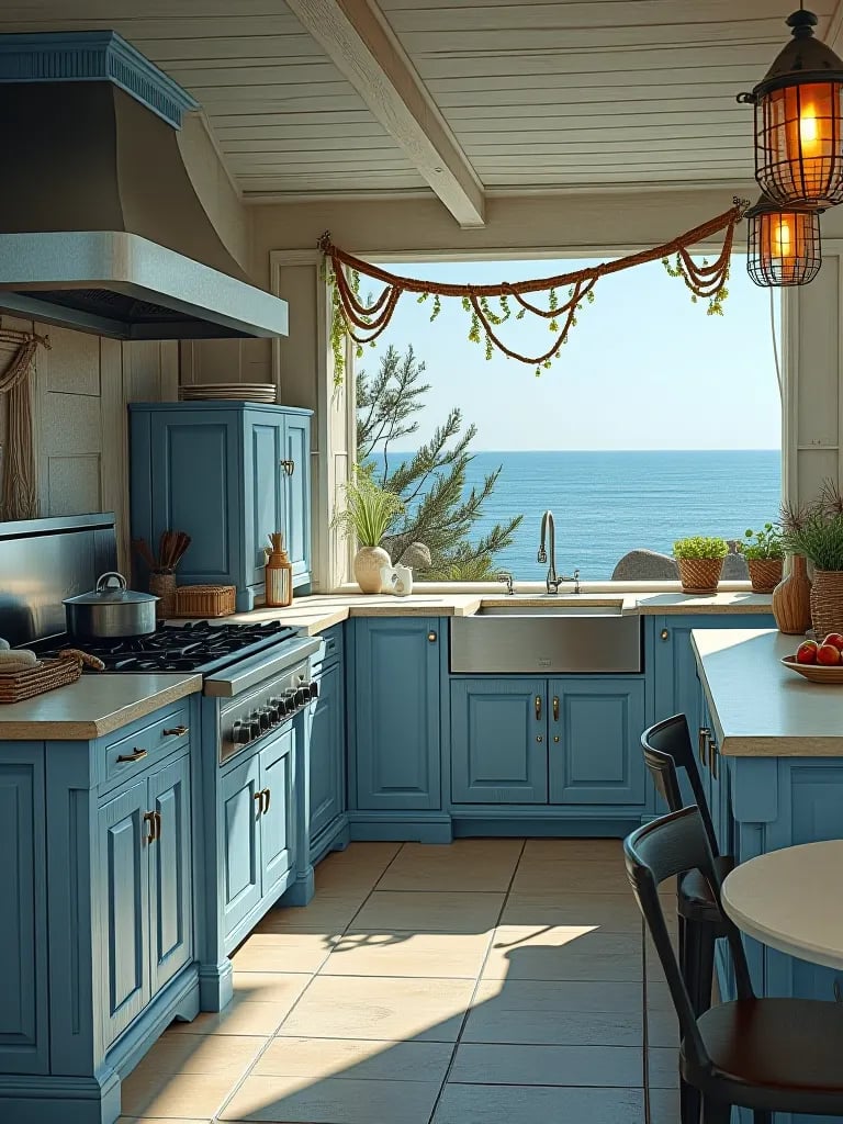 Scandinavian outdoor kitchen with light wood and concrete on minimalist patio