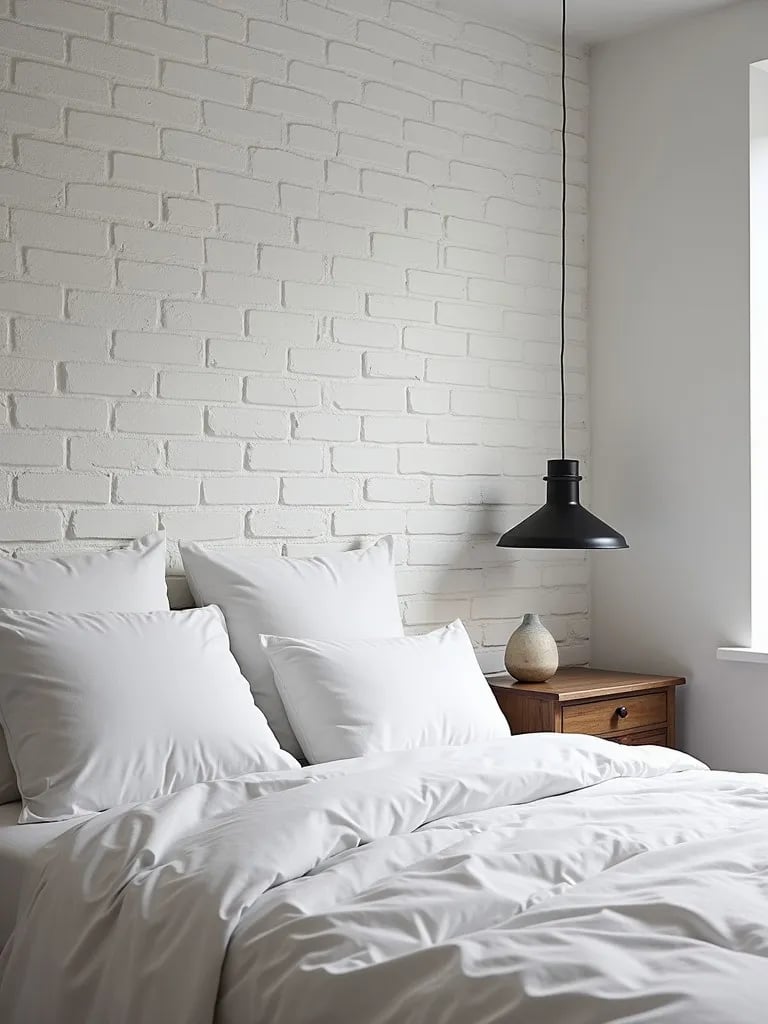 Scandinavian style bedroom featuring white brick wall and black pendant