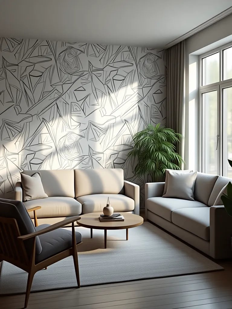 Scandinavian style living area with graphic black and white accent wall